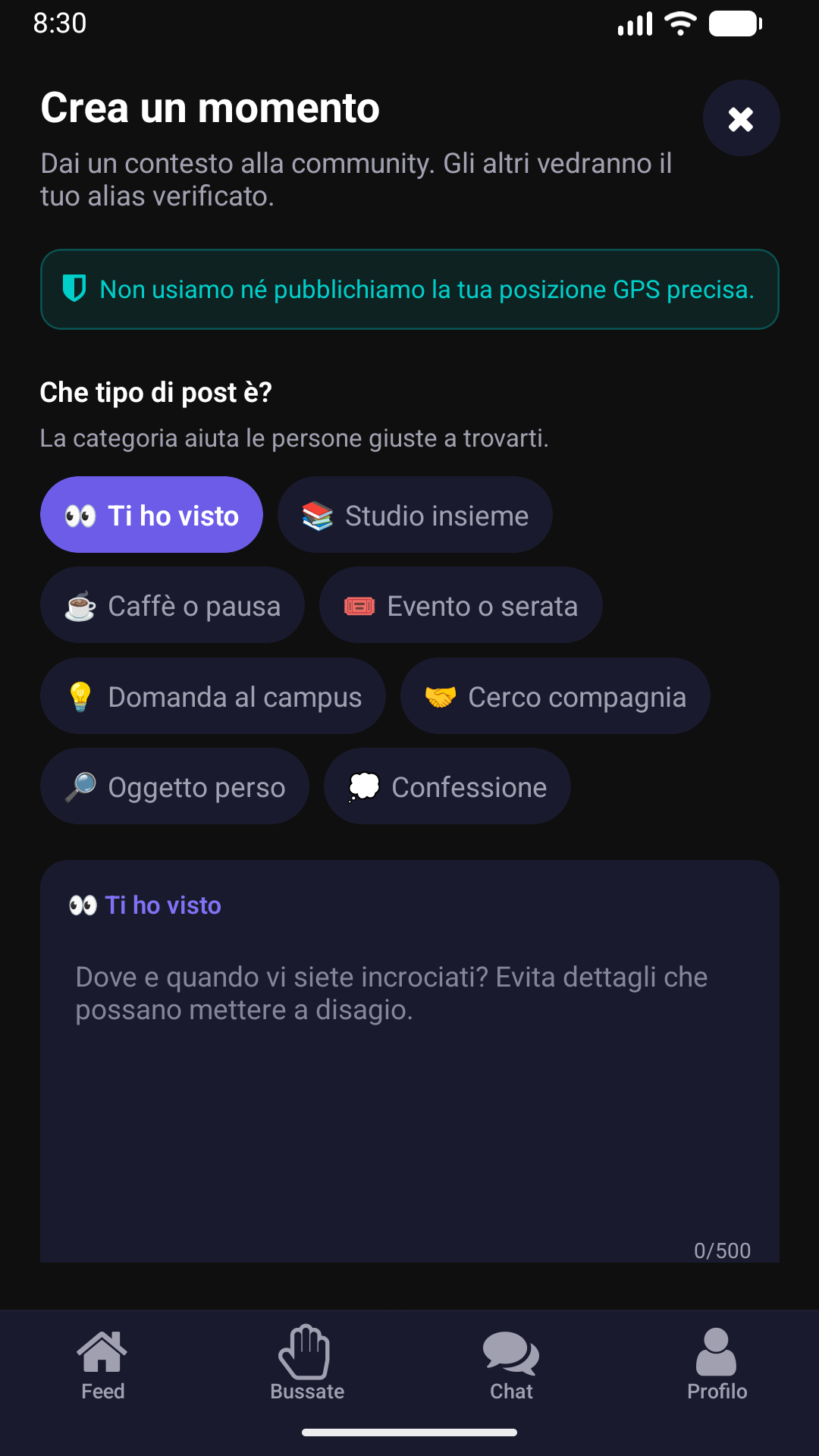 Schermata per creare e pubblicare un nuovo momento
